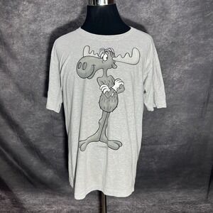 VTG Y2K Rocky & Bullwinkle Graphic T-Shirt Mens L Gray Moose Cartoon TV Promo
